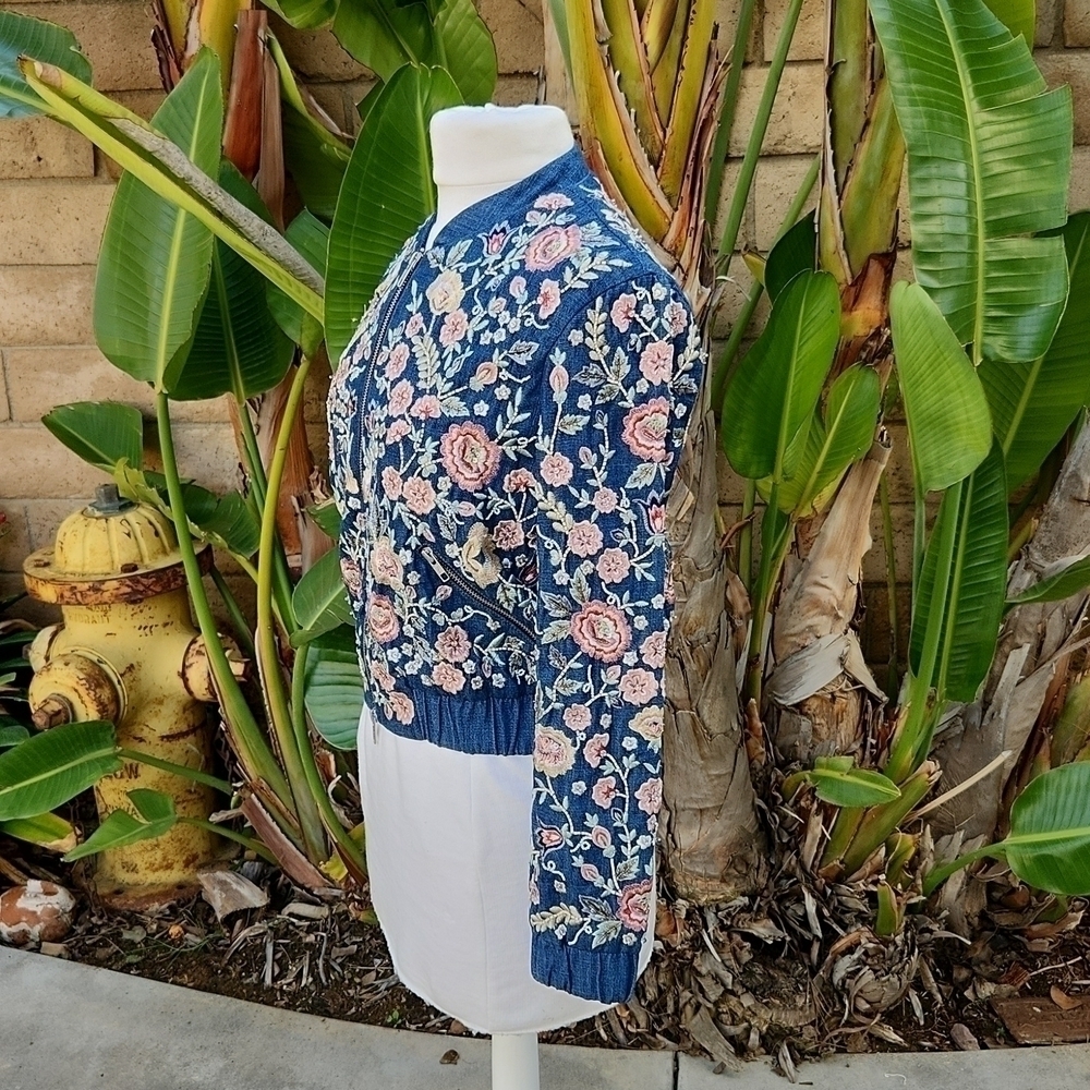 Needle & Thread Sundaze Floral Embroidered Denim Bomber Jacket 2 - Picture 3 of 13